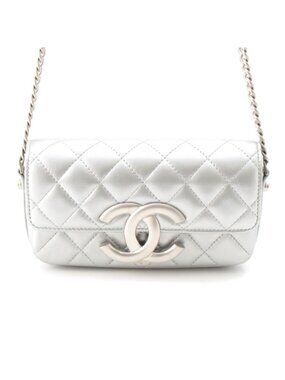 Chanel Leather Quilted Big CC Logo Chain Shoulder Bag Silver